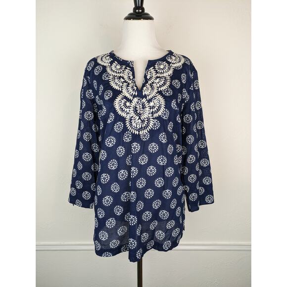 Talbots Top Embroidered Beaded Floral Boho Coastal Cotton Spring Summer Size M - Picture 1 of 13